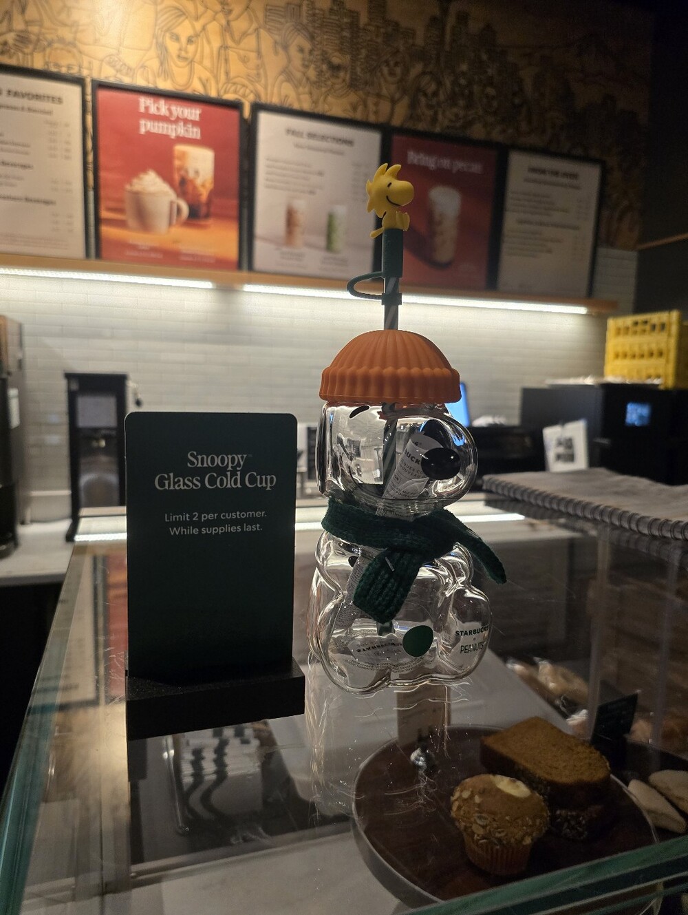 Starbucks Snoopy Glass Cold Cup with Orange Lid and Green Scarf Accent